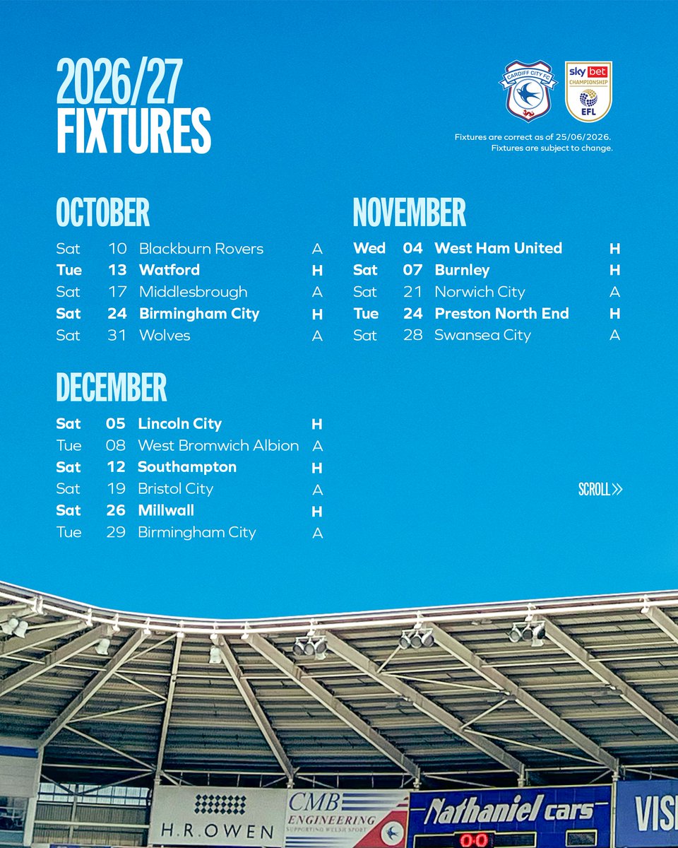 CardiffCityFC's tweet photo. Kicking off the campaign with an all-Welsh clash, live on @SkyFootball 🏴󠁧󠁢󠁷󠁬󠁳󠁿

Our @SkyBetChamp fixture list for 2026/27 is here! 💙

#CityAsOne | #EFLFixtureReleaseDay