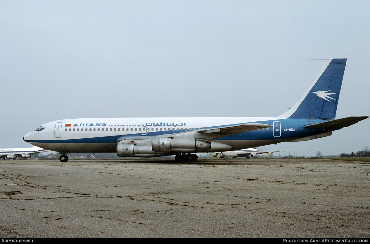 n194at's tweet photo. Ariana Afghan Airlines 
Boeing 720-030B YA-HBA Line #210
STN/EGSS London Stansted Airport
March 1980
Photo credit Arne V. Petersen Collection
#AvGeek #Aviation #Airline #AvGeeks #Boeing #B720 #STN #Stansted #London @STN_Airport #Ariana https://t.co/pTBNu6Oc7c