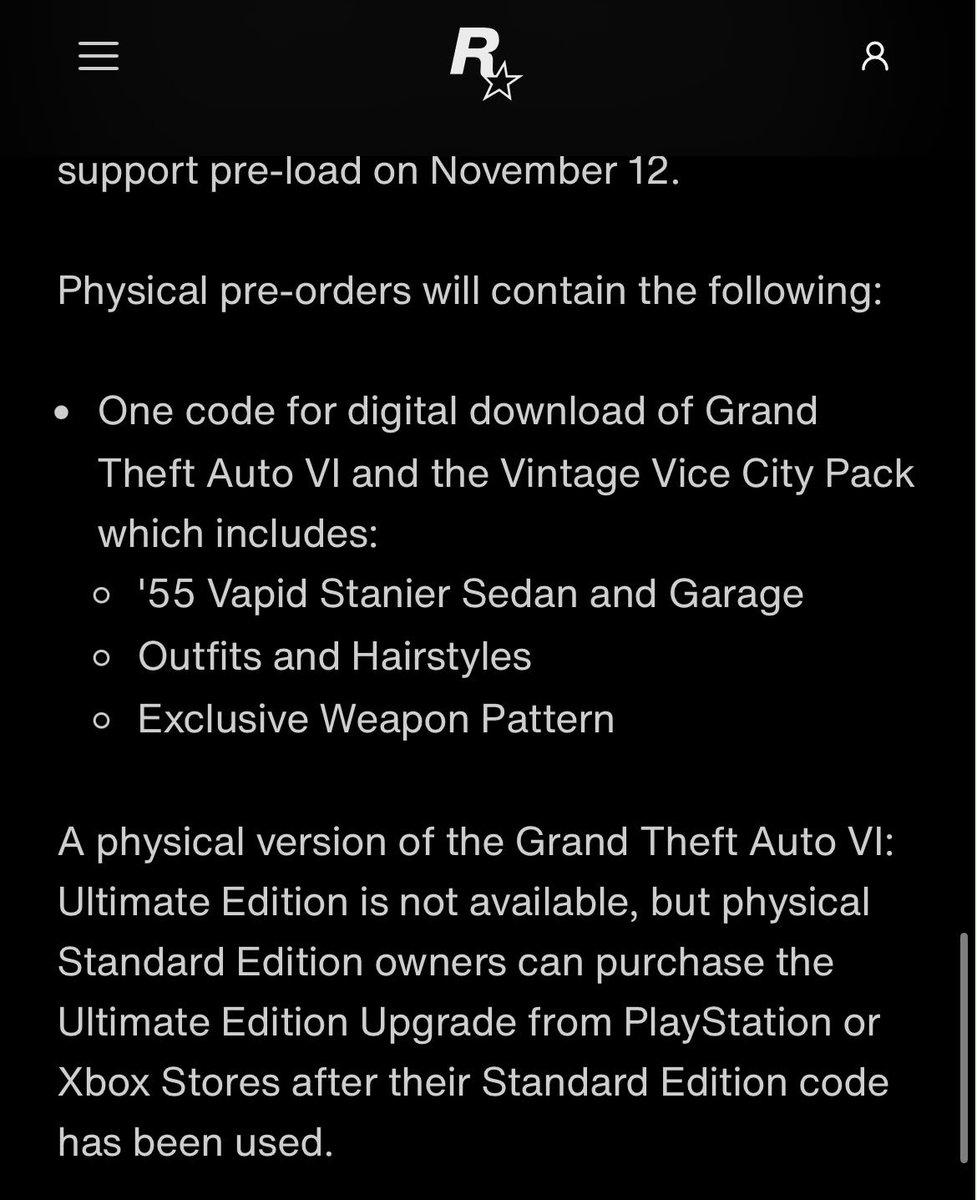 WAVVEBLACK's tweet photo. Rockstar confirmou que GTA 6 não terá versão física da Ultimate Edition. É preciso comprar a versão “normal” e depois fazer upgrade online. 
Simplesmente o maior lançamento da história só terá uma versão física para comprar (e sem disco).

GTA VI https://t.co/K0nYunh4EB