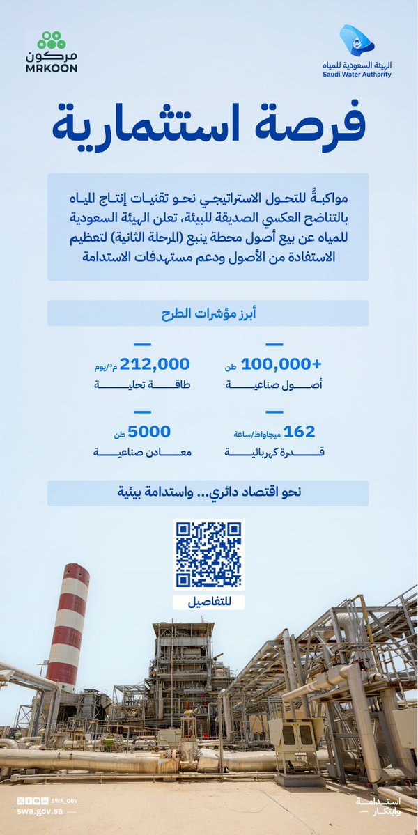 swa_gov's tweet photo. استثمر في أحد أكبر الأصول الصناعية في قطاع المياه.
تطرح الهيئة السعودية للمياه بيع محطة ينبع لإنتاج المياه المحلاة وتوليد الطاقة، بما يعظّم القيمة الاقتصادية للأصول ويدعم الاقتصاد الدائري.

للاطلاع على التفاصيل:
https://t.co/ZuHTTMHv75 https://t.co/A5khQ7yF6W