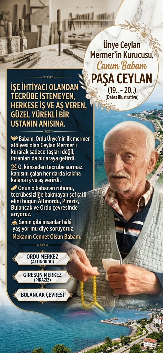 omerceylan52's tweet photo. Bir Ustanın, Bir Babanın Ardından: Paşa Ceylan’ın Anısına
​Ordu Ünye’nin ilk mermer atölyesi olan Ceylan Mermer’in kurucusu, canım babam Paşa Ceylan’ı rahmet, özlem ve minnetle anıyorum 
​O sadece taşlara şekil veren bir usta değil; kapısına gelen her insana kucak açan, yüreği geniş bir ekmek kapısıydı. Günümüzde iş ararken karşımıza çıkan "tecrübe" duvarlarını o yıllar önce yırtıp atmıştı. Onun kitabında tecrübe şartı yoktu; işe, aşa ihtiyacı olan, çalışmak isteyen herkese kapısı sonuna kadar açıktı. Kimseyi geri çevirmez, herkese bir iş, bir aş, bir umut verirdi.
​Bugün onun yokluğunda, tıpkı onun gibi babacan, insanı tecrübesiyle değil samimiyetiyle ve ihtiyacıyla değerlendiren güzel yürekli insanları arıyorum. Şu an benim de bir işe ihtiyacım var ve babam Paşa Ceylan’ın o eski, insancıl esnaflık ruhunu,
o karşılıksız destek olma anlayışını bugün:
​Ordu Merkez (Altınordu) çevresinde,
​Giresun Merkez, Piraziz ve Bulancak bölgelerinde umutla arıyorum.
​Mekanın cennet olsun güzel kalpli babam. Senin bıraktığın o güzel isim ve insanlık mirası her zaman yolumu aydınlatacak. Senin gibi insan kadrini bilen, işe ihtiyacı olana tecrübe sormadan el uzatan vicdanlı yüreklerle karşılaşmak dileğiyle... Ömer Ceylan  Ömer Ceylan