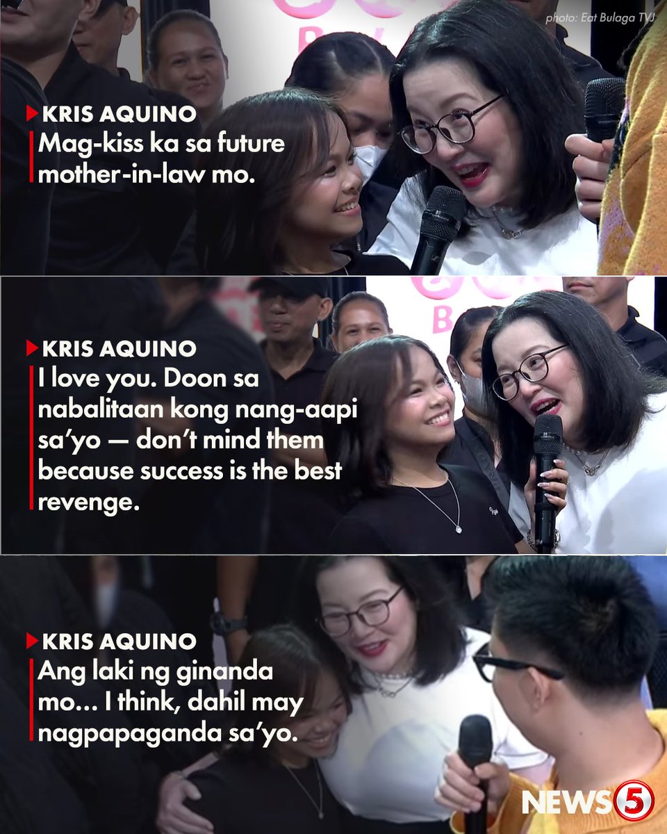 News5PH's tweet photo. NA-MEET NI RYZZA SI FUTURE MOTHER-IN-LAW? 🤭

Sorpresang bumisita ang actress-host at “Queen of All Media” na si Kris Aquino sa “Eat Bulaga” ngayong Huwebes, June 25.

Sa kaniyang pagbisita, nakausap ng aktres si Dabarkads Ryzza Mae Dizon. Tinawag din niya ang sarili bilang “future mother-in-law” ng host.

Humirit din si Kris sa initial na “R” na nasa damit ng anak niyang si Bimby Aquino.

“Ako ang wardrobe (ni Bimby). So, noong nakita kong, ‘Ay, may letter ‘R’, binili ko,” sabi ni Kris.