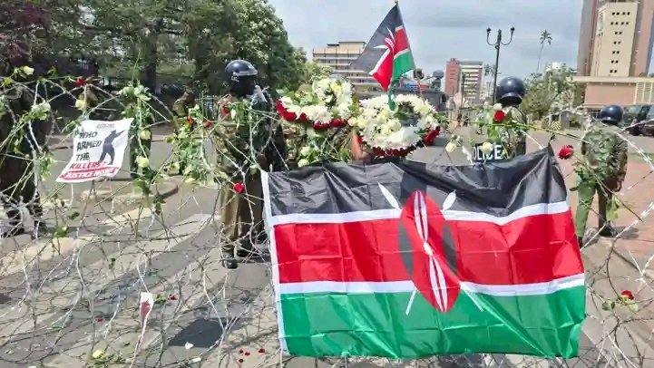 blademediake's tweet photo. Activists lay wreaths outside Parliament in comemoration of those killed in the June 2024 protests.

#GMoiPayWorkers #DignityForKenyans https://t.co/6xvmeCsurR