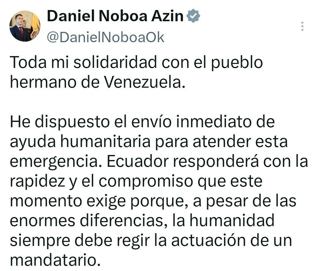 higuerahernan's tweet photo. 🇻🇪
La comunidad internacional comienza a movilizarse tras la tragedia en Venezuela. #EEUU anunció el envío de equipos de búsqueda, rescate y ayuda humanitaria; #Perú se solidarza y #Ecuador confirmó asistencia humanitaria inmediata. La emergencia mantiene en alerta a la región. https://t.co/vgKaxQrNXX