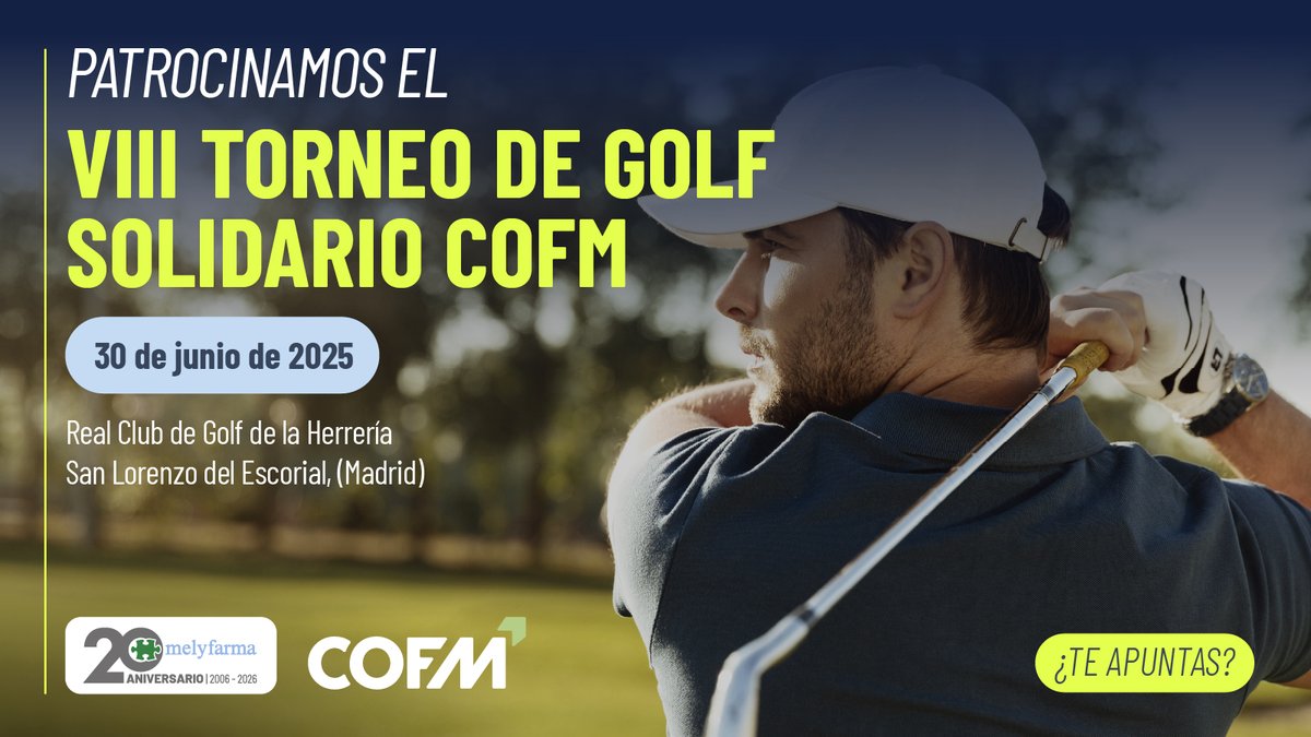melyfarma_es's tweet photo. Patrocinamos el VIII Torneo Solidario de Golf que organiza el @COFMadrid en beneficio de “Farmacias que acompañan: apoyo comunitario y salud mental”, de @Amafesemueve 
🗓️ 30 de junio
⛳️ El Escorial, #Madrid
Inscríbete antes del 29 de junio (16 h) 👇
https://t.co/mFxVwd4K0J https://t.co/zaZPJKZ0gy