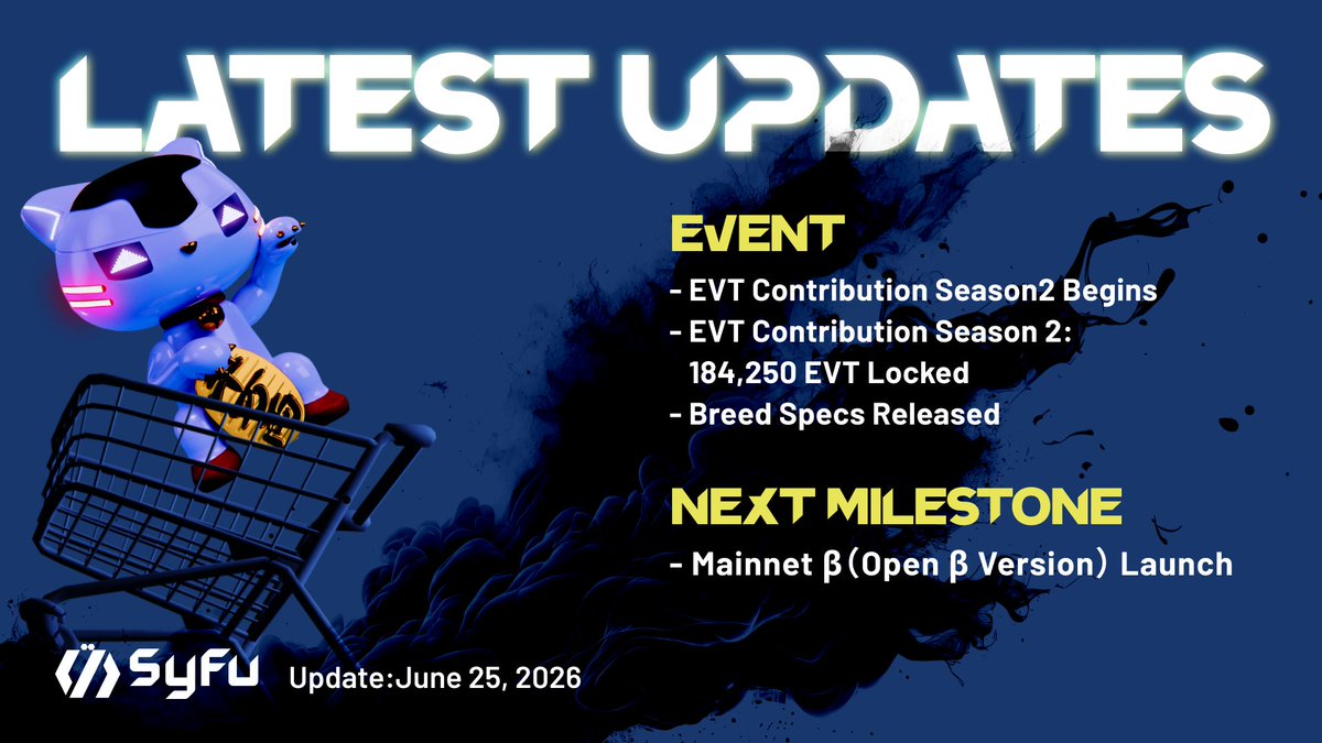 syfuofficial's tweet photo. 🆕 Latest Update (June 25, 2026)

✨ Don’t miss the latest news on upcoming #SyFu events and product information!
Check out the latest updates now to catch up on the progress of the project! 👇

[Event]
- EVT Contribution Season2 Begins (May 15, 2026)
https://t.co/EqDZv9PvFu

- EVT Contribution Season 2:184,250 EVT Locked (June 2, 2026)
https://t.co/ThkCZgfHtq

- Breed Specs Released (June 24, 2026)
Ahead of the Mainnet launch, we have released the preliminary specifications for the Breed feature, which will enable the creation of new MANEKINEKO within the ecosystem.
https://t.co/BcY78nf8YY

[Next Milestone]
- Mainnet β（Open β Version） Launch