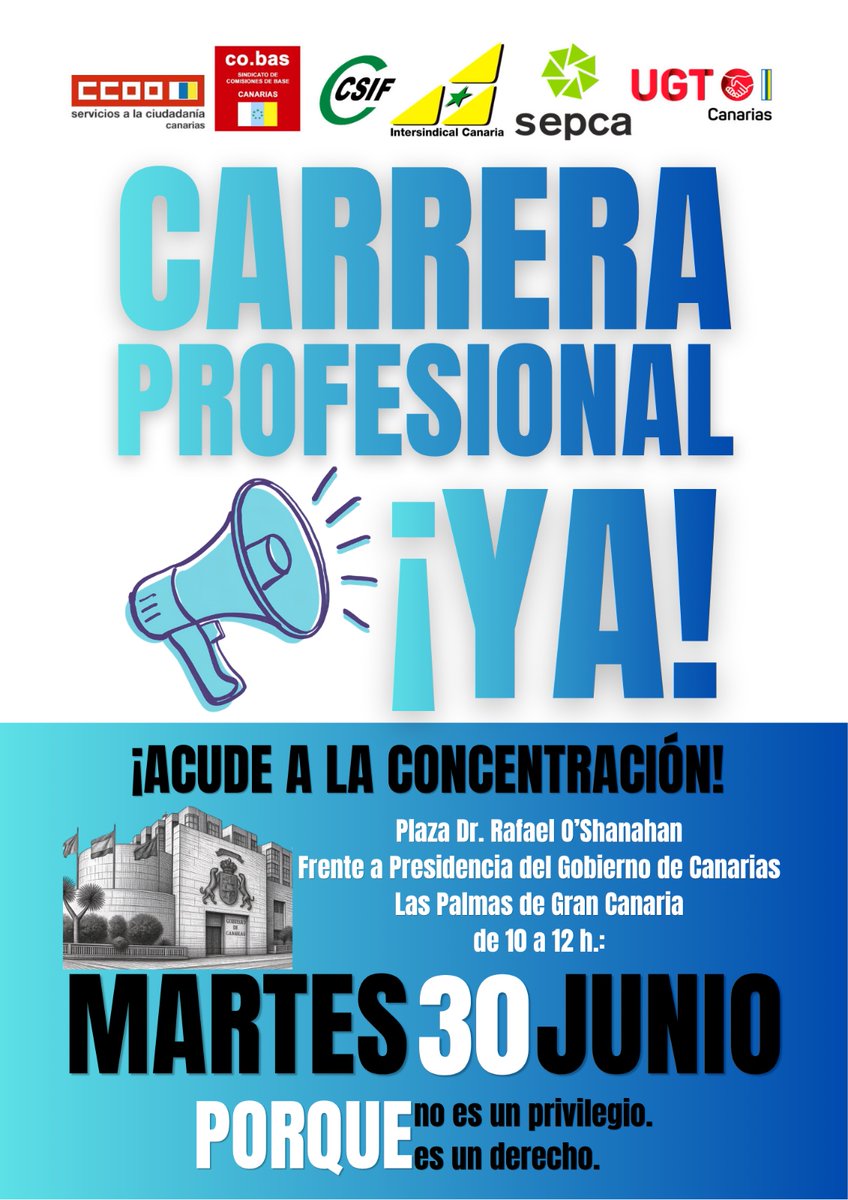 IntersinCanaria's tweet photo. 📢 ¡CARRERA PROFESIONAL ¡YA! ✊
Porque no es un privilegio, ¡Es un derecho! Los sindicatos canarios nos unimos para exigir lo que nos corresponde.
🗓️ Martes 30 de junio ⏰ 10 a 12 h. 📍 Pza. Dr. Rafael O’Shanahan (Frente a Presidencia, Las Palmas de GC). https://t.co/apDRC4DE4B