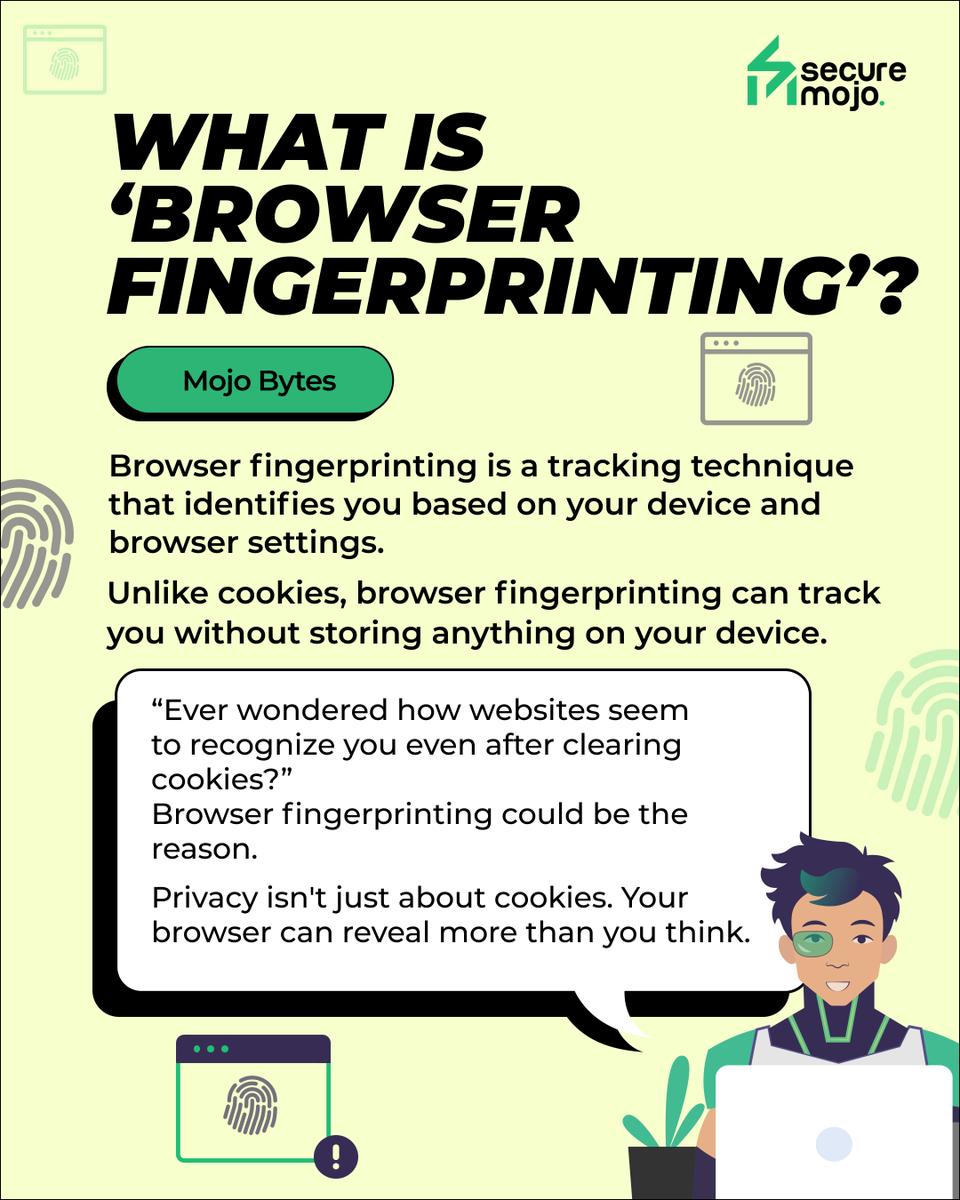 SecureMojo's tweet photo. You cleared your cookies 👀
That doesn’t always mean websites stop recognising you ⚠️ 

#SecureMojo #Cybersecurity #OnlineSafety #DigitalHygiene #BrowserFingerprinting #DigitalPrivacy #WebTracking #mojobytes https://t.co/LIfH6v316x