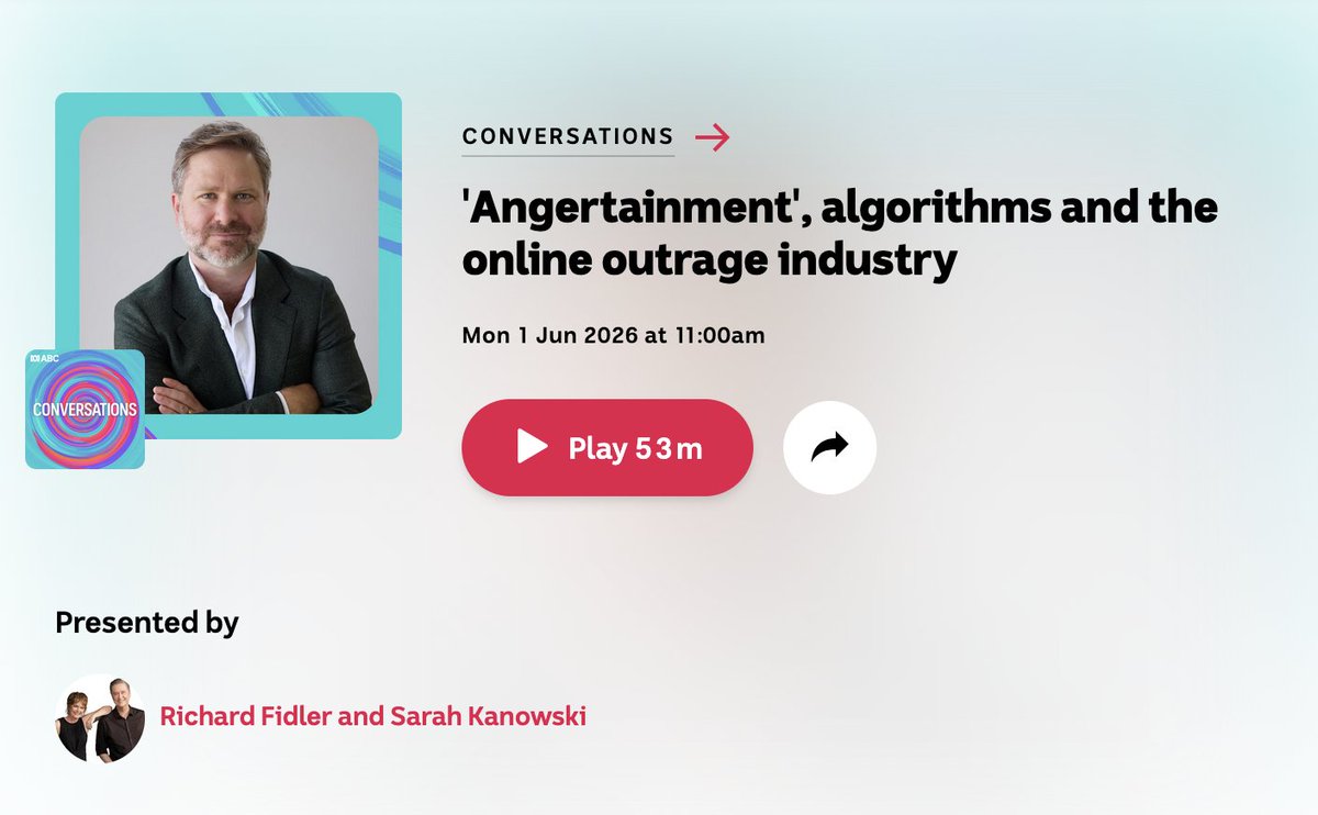 PunditFight's tweet photo. "(9m 05s) It is not your grandparent's social media outrage. This is something different. This is something where all proportion is lost. It's all theatre now.
Now it is about trying to be more extreme. More ragey..."
– @edcoper, ABC Conversations (Jun1)
#TheAttentionEconomy https://t.co/jmLUwR97DC