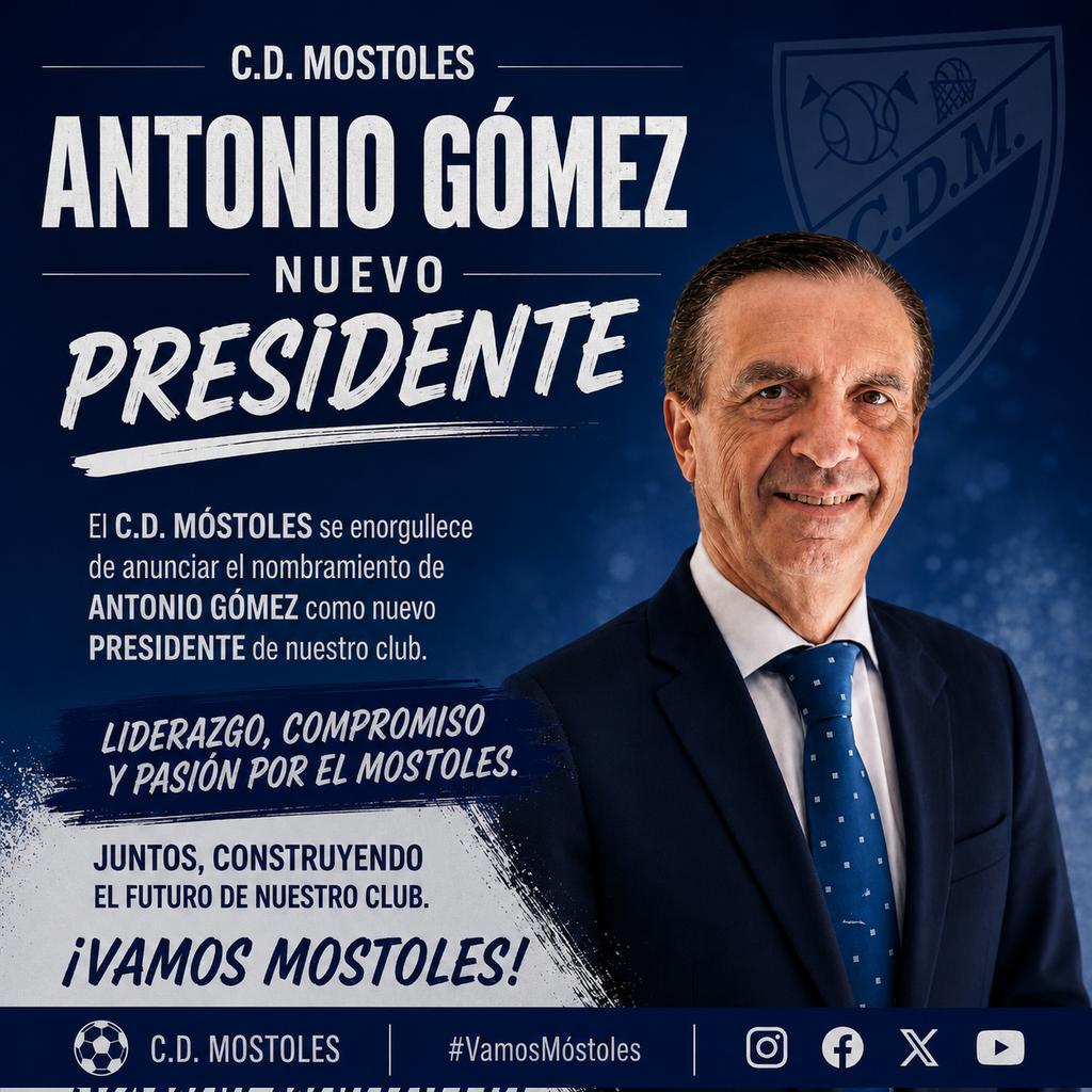 CDMostolesOfic's tweet photo. 📣 ¡Nuevo capítulo para el C.D. Móstoles!
Nos complace anunciar el nombramiento de Antonio Gómez como nuevo presidente del club.

Su experiencia, liderazgo y compromiso serán fundamentales para seguir impulsando el crecimiento de nuestra entidad https://t.co/MQc3Vz1a20