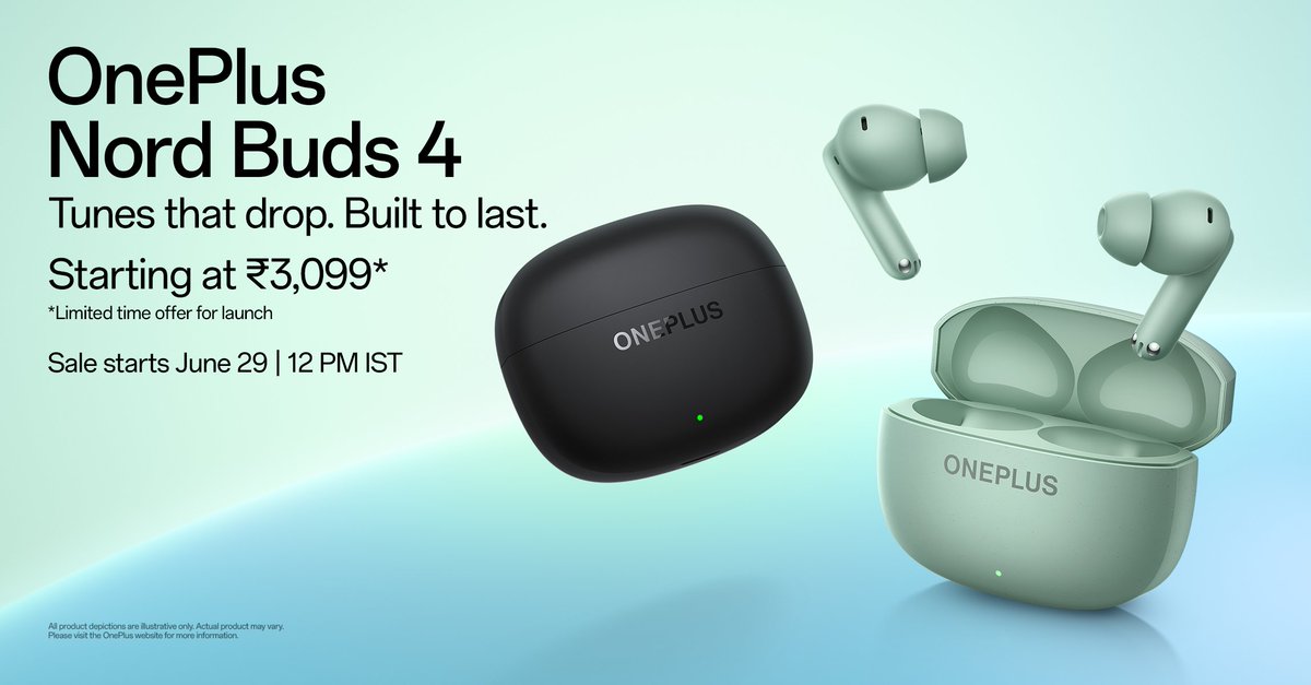 yabhishekhd's tweet photo. 🎧 ONEPLUS NORD BUDS 4 LAUNCHED IN INDIA! 🇮🇳

💰 Price & Offers:
- Launch Price: ₹3,299
- Offer Price: ₹3,099
- ₹200 instant bank discount during the launch sale

🎵 Specifications:
🔇 Up to 52dB Real-Time Adaptive ANC
🔊 12mm titanium-coated dynamic drivers
🎶 Hi-Res Audio certified
🎧 AAC, SBC Bluetooth codec
🌐 3D Spatial Audio
🎮 Game Sound Spatial Audio
📞 6-mic AI Clear Call system
🤖 AI-powered call noise reduction
🌬️ Wind noise reduction up to 25km/h
🎚️ up to 10 metres of connectivity range
📡 Bluetooth 6.1 connectivity
🔄 Dual Device Connection
⚡ Google Fast Pair support & Microsoft Swift Pair
🎯 47 ms Ultra-low latency Gaming Mode
💦 IP55 dust & water resistance
🔋 Up to 54 hours total battery life (Earbud: 62 mAh
Charging Case:530 mAh)
⏱️ Up to 12 hours playback on a single charge
⚡ 10-minute charge gives up to 11 hours of listening
🛡️ TÜV Rheinland Battery Health Certification
🪶 Lightweight 4.3g earbuds
🎯 AI translate & AI assistant

🎨 Available in Stellar Black and Astral Teal.

At ₹3,099, the Nord Buds 4 bring some of the strongest ANC, battery life, and audio specs you'll find in this price segment. 👀

Box contents:
OnePlus Nord Buds 4 x 1 pair,
OnePlus Nord Buds 4 Charging Case x 1,
Ear Tips (S, M, L pairs; M pre-installed),
User Manual & Safety and Warranty x 1,
Brand Sticker x 1