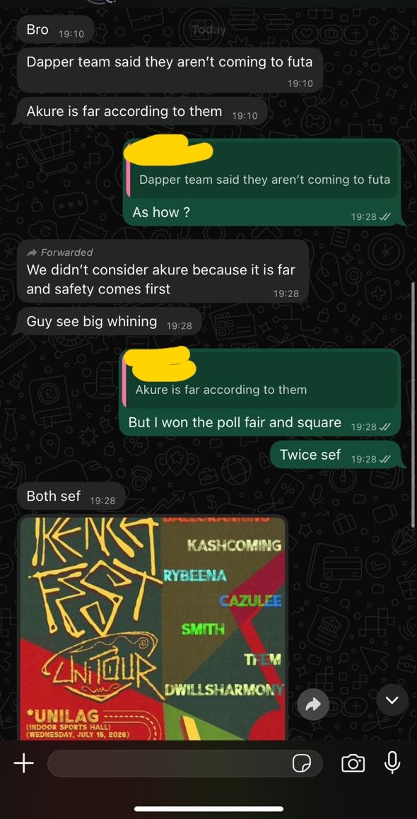 TheAlabii's tweet photo. Dapper Music created a poll and FUTA won fair and square. Now the flyer is out and FUTA is not even included. They said they can’t come to Akure because it’s far and safety comes first, but they’re going to OAU and Ibadan and still talking about safety first.

If distance and safety were already the issue, then why bring out the poll in the first place? Why let students vote if the result was never going to be used?

FUTA students came out, voted and won fairly. It doesn’t make sense to ask for votes and then ignore the outcome. This needs to be corrected because if the poll wasn’t going to count, there was no reason for it to be created at all. We won fair and square. @Teeymix @DapperMusicEnt_ 
@TheDamiForeign @Chopper_Chops @siq_pillz