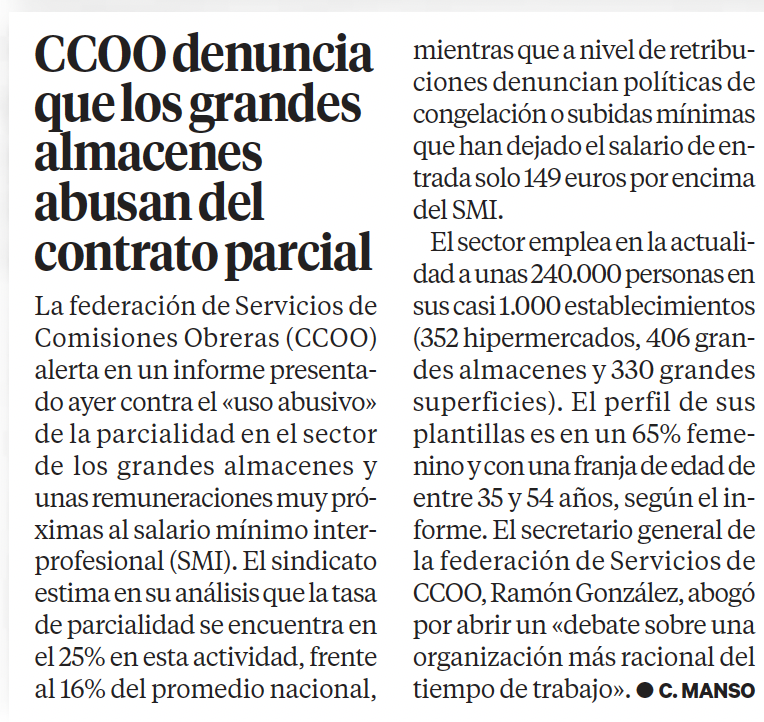CCOOCarrefour's tweet photo. CCOO denuncia que los grandes almacenes abusan del contrato parcial en un informe presentado ayer para un sector que emplea a unas 240.000 personas en su mayoría (65%) mujeres. https://t.co/4sPnKvDsI6