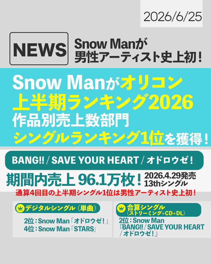 ⛄️🏆／ Snow Manが「#オリコン上半期ランキング 2026」【作品別売上