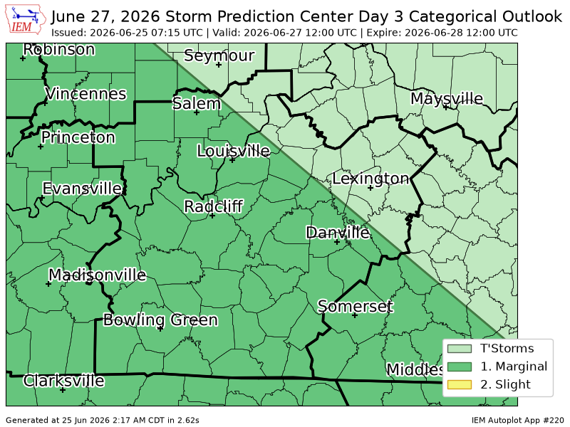 INDwxAlerts's tweet photo. #SPC issues Day 3 Marginal Convective Risk at Jun 25, 7:15z for LMK https://t.co/fTQflekUYk https://t.co/2J5Phd2GDf