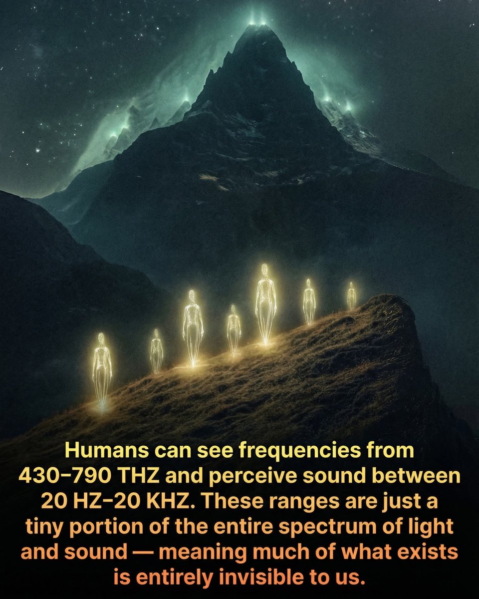 AstronomyVibes's tweet photo. Humans are nearly blind — sensing less than 5% of the physical universe. 

Most of physical reality is literally invisible to us. Yes, seriously. 

Our perception of reality is a narrow window. While we navigate the world through sight and sound, our biological hardware only captures a tiny fraction of what actually exists. Human eyes perceive a slim band of light between 380 and 770 nanometers, while our ears are deaf to anything outside the narrow range of 20 Hz to 20 kHz. This leaves a vast spectrum of ultraviolet light, radio waves, and ultrasonic frequencies buzzing around us completely unnoticed. Even as modern technology like infrared sensors unveils these hidden layers, we remain largely oblivious to the invisible forces—such as the billions of ghostly neutrinos passing through our bodies every second—that define our physical existence.

The true scale of our sensory limitation becomes even more profound when looking toward the stars. Scientific estimates suggest that a staggering 95 percent of the cosmos is composed of dark matter and dark energy, substances that remain entirely beyond our current ability to sense or detect directly. While we have developed sophisticated tools to bridge these gaps, we are still only scratching the surface of a reality that is predominantly invisible. This hidden architecture suggests that what we call "reality" is merely the tiny sliver of existence we have evolved to perceive, leaving the vast majority of the physical world a mystery waiting to be decoded.

source: National Aeronautics and Space Administration. (2024). Anatomy of an Electromagnetic Wave and the Universe Overview. NASA Science.