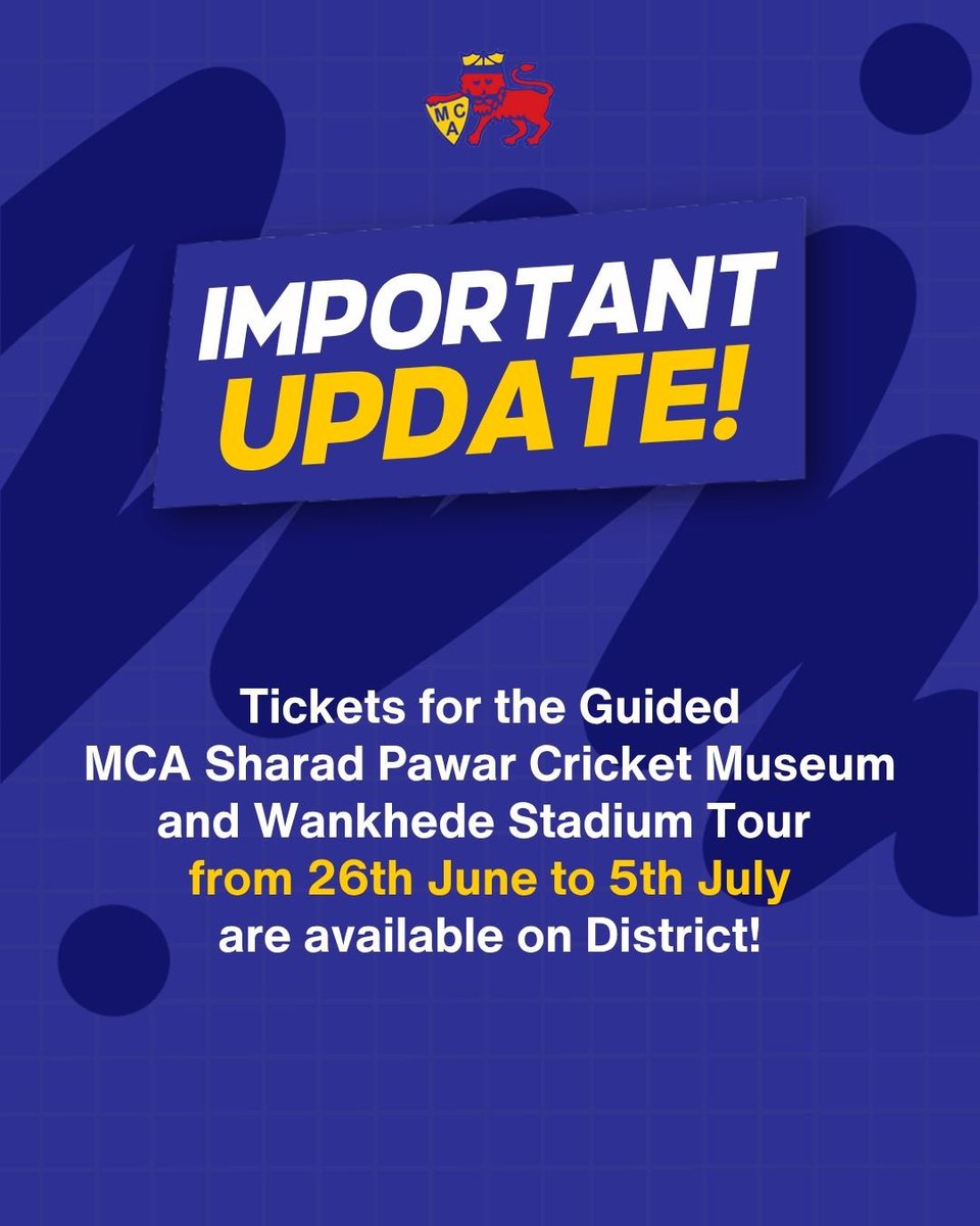 MumbaiCricAssoc's tweet photo. Your chance to experience the MCA Museum and Stadium Tour is now!
Bookings for 26th June to 5th July are now open - link in bio ποΈ
#MCA #Mumbai #Cricket #MCAMuseum #Wankhede https://t.co/J5f7dGZO8t