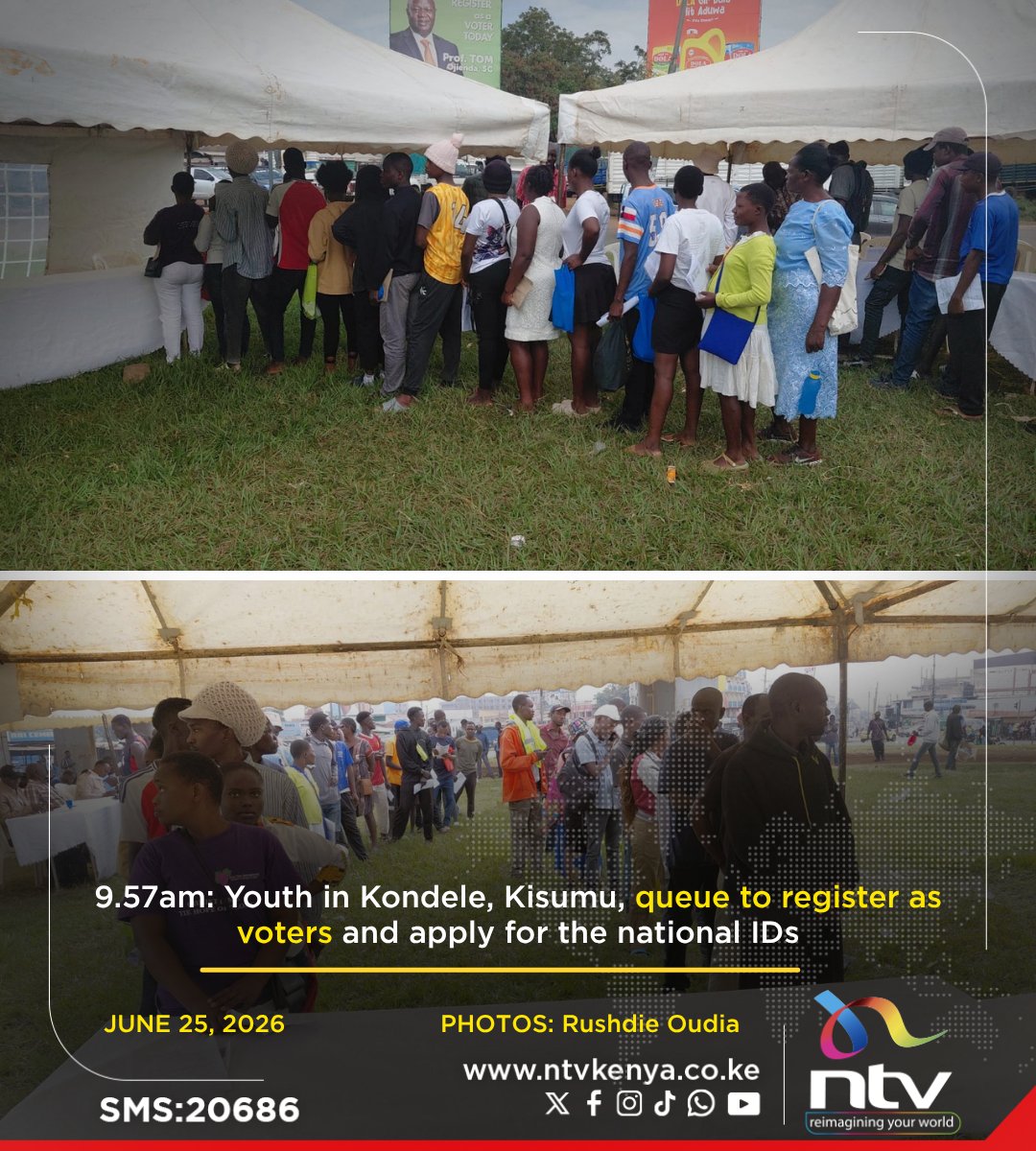 ntvkenya's tweet photo. 9.57am: Youth in Kondele, Kisumu, queue to register as voters and apply for the national IDs https://t.co/CKtJYqjvVL