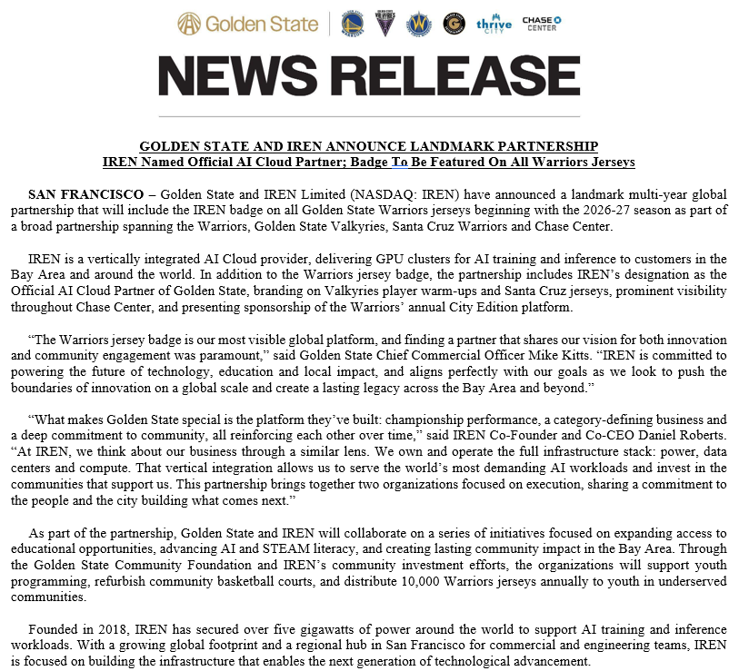 WarriorsPR's tweet photo. Golden State and IREN Limited have announced a landmark multi-year global partnership that will include the IREN badge on all Warriors jerseys beginning with the 2026-27 season as part of a broad partnership spanning the Warriors, Valkyries, Santa Cruz Warriors and Chase Center. https://t.co/fW4lHKcH7A