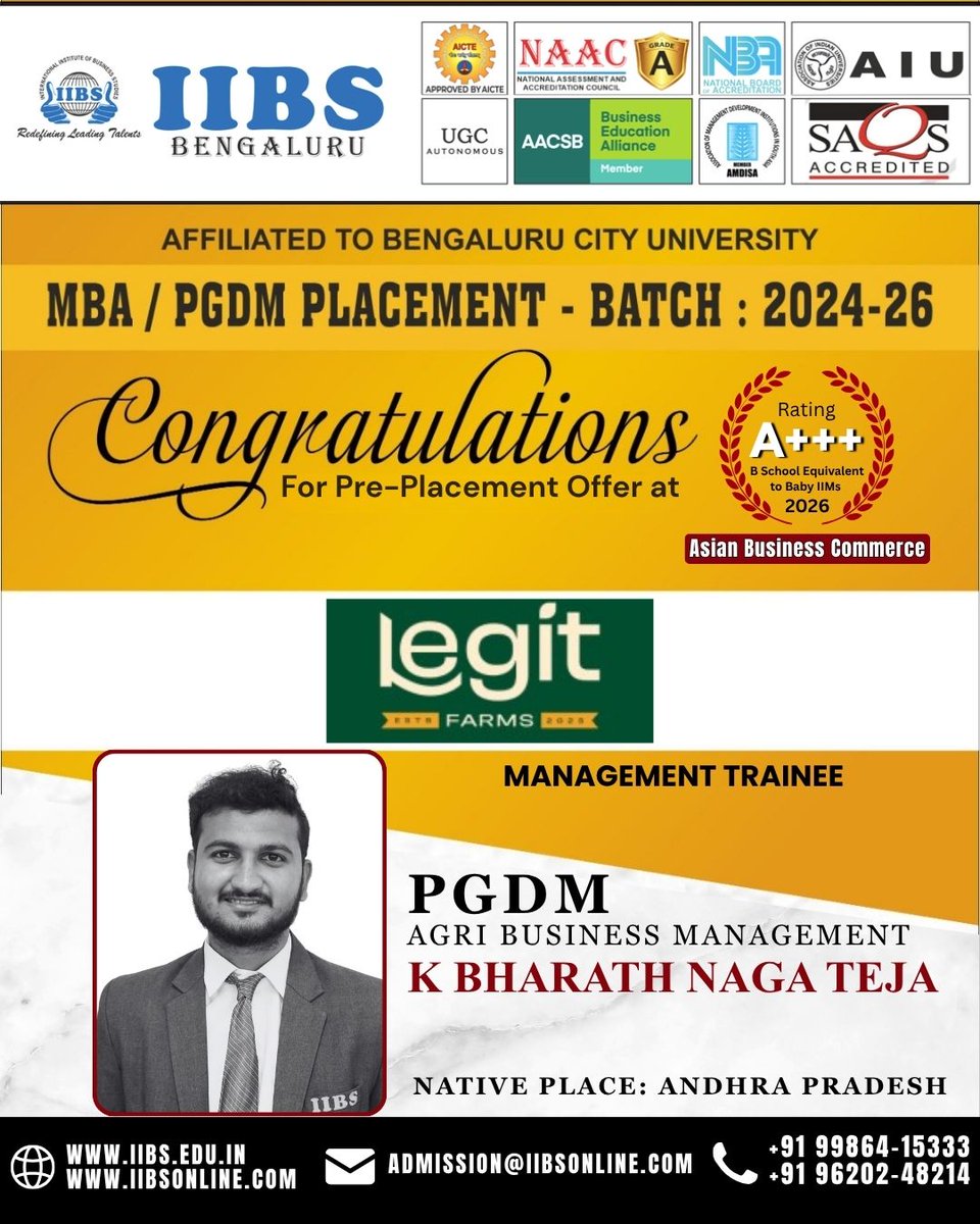 iibsonline's tweet photo. Heartiest Congratulations! ๐
MBA/PGDM Campus Placement | Batch 2024โ26
We are proud to congratulate K. Bharath Naga Teja, PGDM โ ABM, on a Pre-placement Offer at #Legit Farms as a Management Trainee.
#PreplacementSuccess #ProudMoment #PGDM #MarketingManagement https://t.co/RTRw5hzWnB