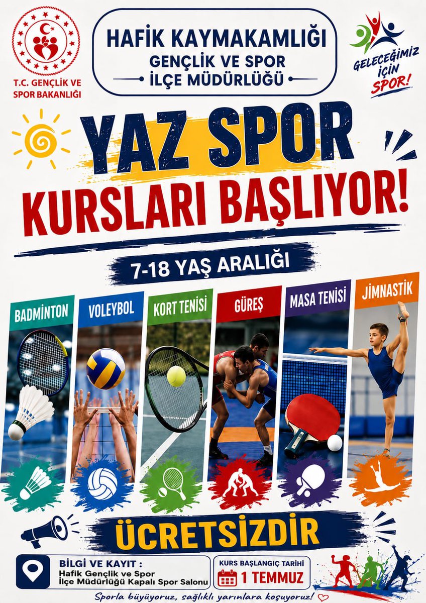 TC_Hafik's tweet photo. Hafik Kaymakamlığı himayesinde Gençlik ve Spor ilçe Müdürlüğü tarafından düzenlenen Ücretsiz Yaz Spor Kurslarımız için kayıtlar başladı. Kayıt ve bilgi almak için Hafik Gençlik ve Spor İlçe Müdürlüğüne başvurabilirsiniz.
Sporla büyüyor, sağlıkla yarınlara koşuyoruz. https://t.co/1FwPRYeQ3H