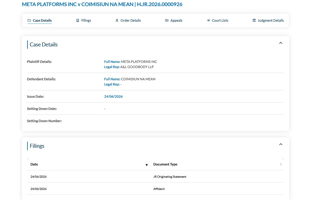 nwl88444048's tweet photo. Meta (Facebook, Instagram, WhatsApp, Threads) launches four judicial review cases against Coimisiun na Mean, the state-enabled censorship and selected media funding outfit. Proceedings lodged yesterday.

What's it about? Presumably CnM censoring Meta or the fees it is levying on Meta. We'll find out in due course.

Twitter, Meta, Tiktok each have multiple cases against CnM.