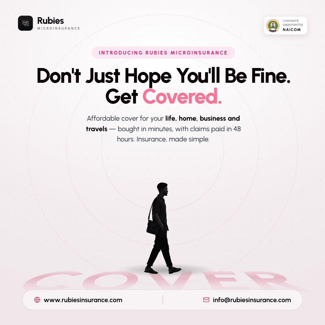 RubiesInsurance's tweet photo. Life no dey always give notice.
Protect what matters most, from your home and business to your travels and everyday hustle.

Don't just hope you'll be fine. Get covered.
Insurance Made Simple.

#RubiesMicroinsurance #InsuranceNigeria #ProtectWhatMatters https://t.co/OnyyocUx01