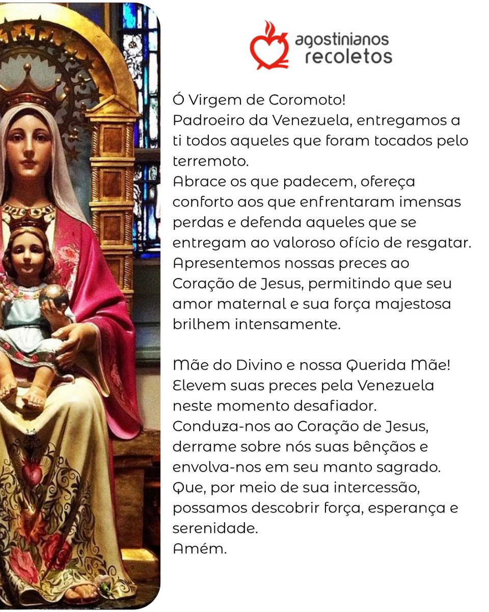 PriorGeneralOAR's tweet photo. Querida Familia Agustino Recoleta, os pido que recemos por el pueblo venezolano tras los fuertes terremotos que han sacudido el país. 
Gracias a Dios, nuestros hermanos y hermanas se encuentran bien, aunque algunos de nuestros edificios han sufrido daños. 
#Hilo https://t.co/3XdESgwwnJ