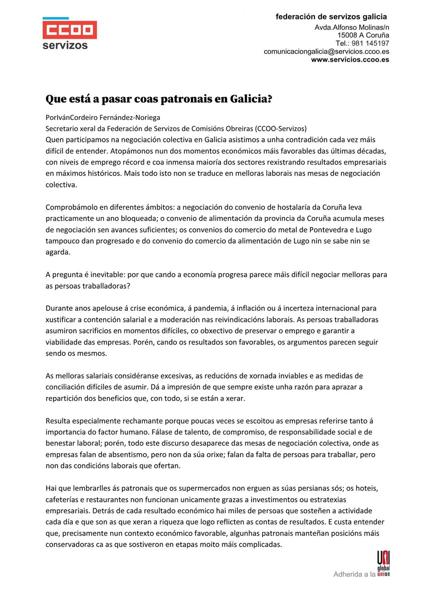 ccoogalicia's tweet photo. 📝 Nunha semana marcada pola folga no comercio de alimentación da Coruña, o secretario xeral de @ServizosCCOO, Iván Cordeiro, analiza neste artigo a situación de bloqueo patronal en varios sectores. https://t.co/xtRhvBosfQ