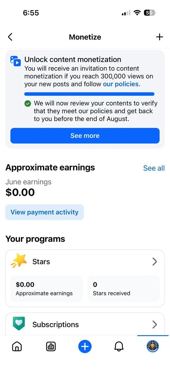 Facebook Content Monetization Program CMP activation screen showing review timeline