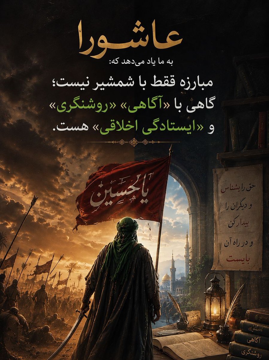 hadaf923's tweet photo. عاشورا با ما یاد میدهد که : 
مبارزه فقط با شمشیر نیست . گاهی با اگاهی و روشن فکری و ایستادگی اخلاقی هست
#یا_لثارت_الحسین https://t.co/FsBJUreEKU