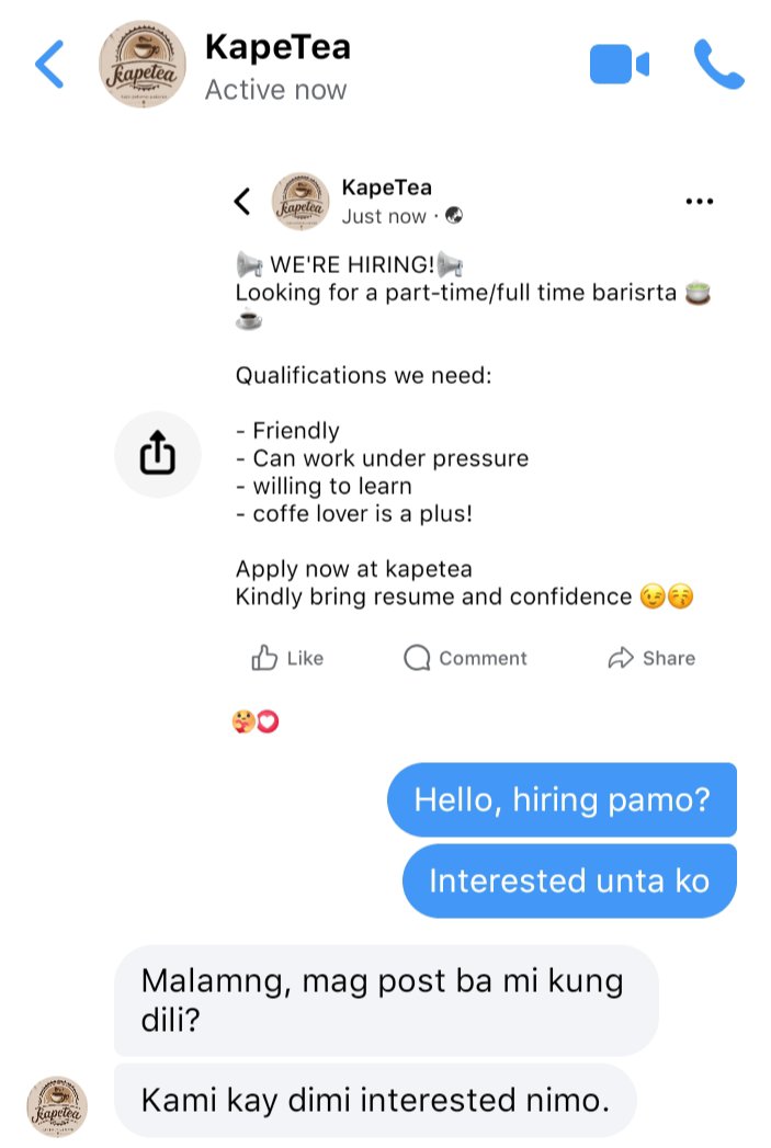 ZeinaiahK's tweet photo. Application Submitted, Dignity Deleted | #viceion au

Sa dami ng café sa bayan, dito pa talaga.

#bisaya au 
#viceion https://t.co/y5pcapopFc