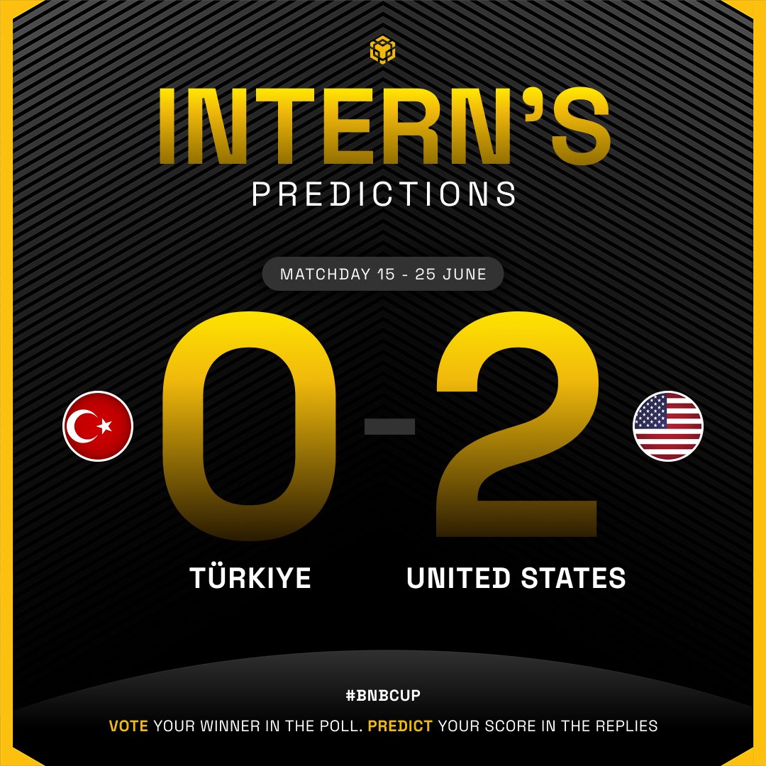BNBCHAIN's tweet photo. Another match day prediction ⚽️

The intern's calling it 2 - 0 to USA this time

Agree or disagree? 👇
• Vote your winner in the poll below
• Reply with your prediction scoreline (e.g. “2-1 to Türkiye”)

Learn more about how Community vs The Intern works 👇
https://t.co/aLef4QpLhI