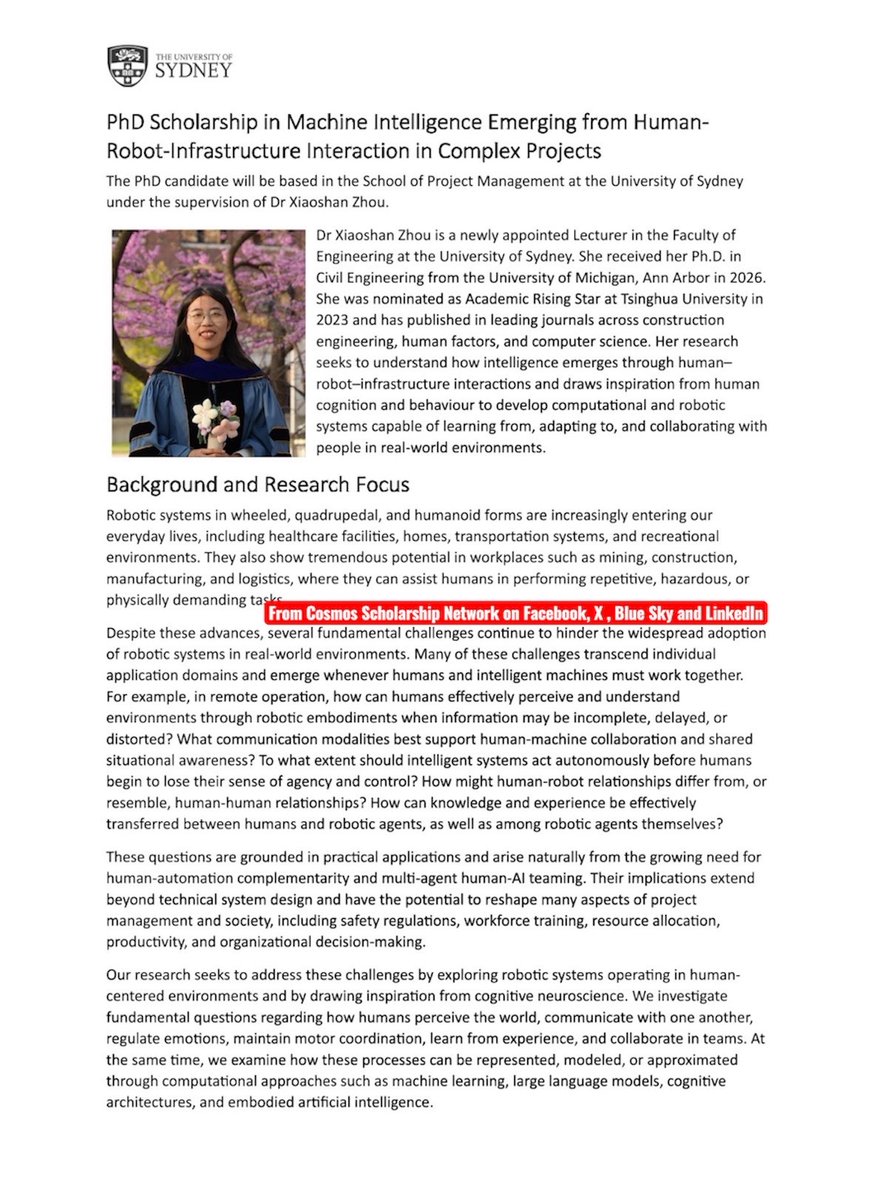 ObengCosmos's tweet photo. PhD Scholarship in Machine Intelligence Emerging from Human-Robot-Infrastructure Interaction in Complex Projects
The PhD candidate will be based in the School of Project Management at the University of Sydney under the supervision of Dr Xiaoshan Zhou. https://t.co/7lcNqdhSGz