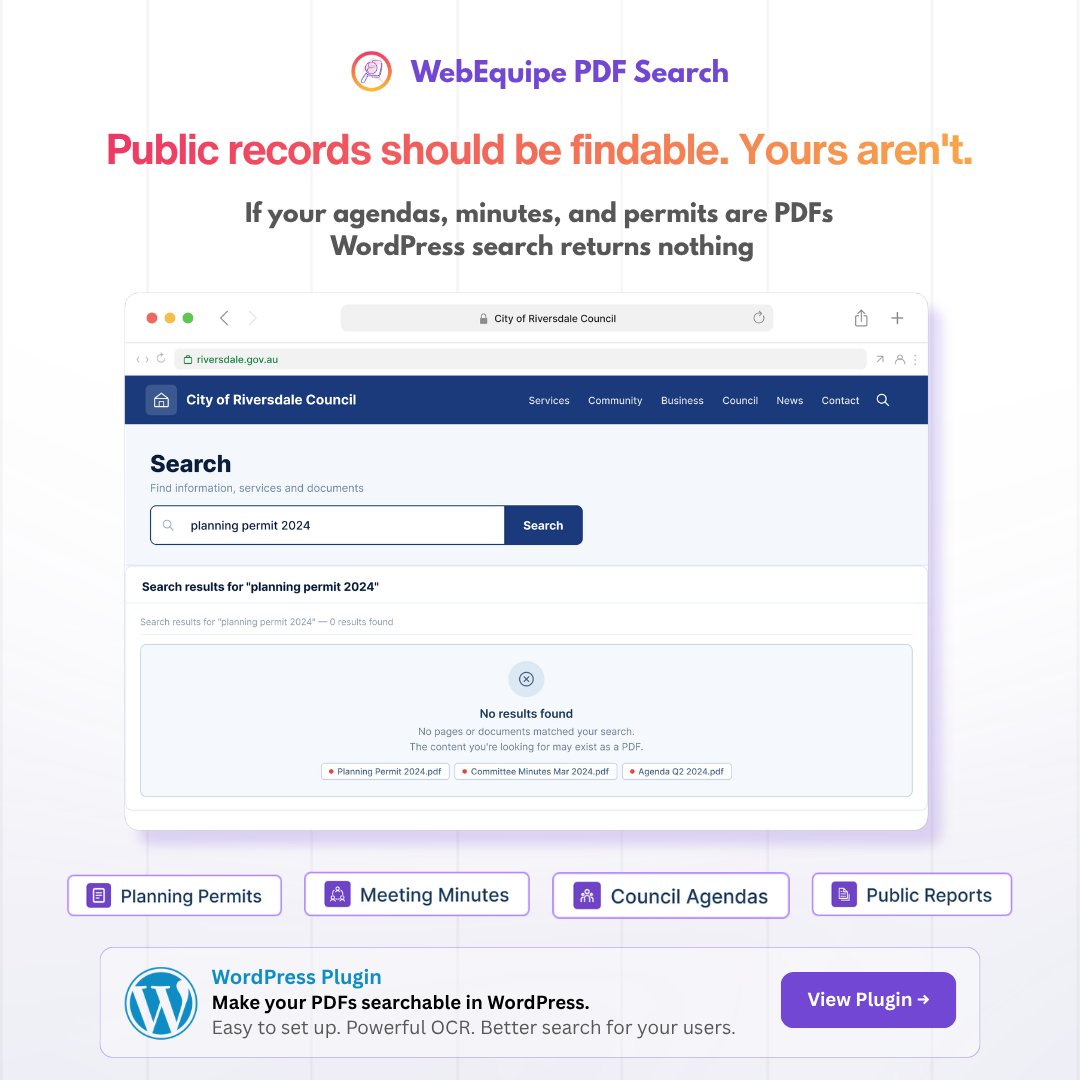 webequipe's tweet photo. Citizen searches the council website for the planning permit.

Gets nothing.

Calls the office. Team forwards a document already on the website.

Not a content problem. A search problem.

PDF Search Pro fixes that.

→ 

#WordPress #LocalGovernment #PDFSearch https://t.co/3b57fUx2Hb