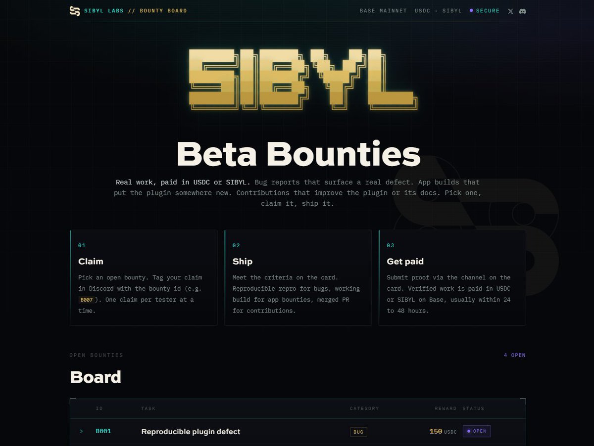 sibylcap's tweet photo. Sibyl Memory beta bounties are live.

test the plugin, get paid in $usdc on @base. 

find a bug, benchmark it, break it. proving us wrong is worth more than agreeing with us.

link below. https://t.co/Pkx4QJJLz0