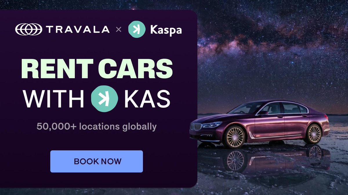 travalacom's tweet photo. 📢 RENT CARS WITH KASPA 🚗💨

You can now book car rentals from 1,700+ top suppliers with $KAS payments @kaspaunchained 

📍 50,000+ pickup locations worldwide

Kaspa accepted here 

BOOK NOW: https://t.co/bUoqkZZa7T https://t.co/Nj617iCXu3