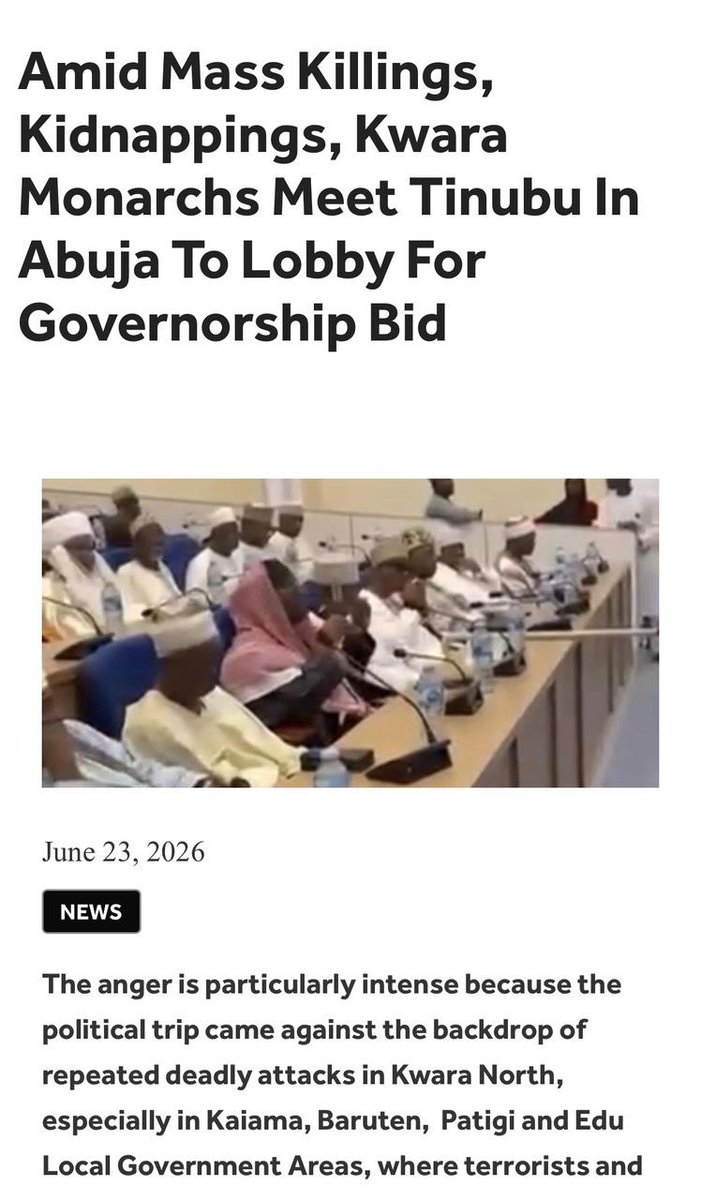 Tkr__khalifa's tweet photo. In all my years as a Nigerian from the North I have never seen our royal fathers pack themselves and head straight to Abuja to openly campaign for one political party’s candidate the way some from Kwara North did. 

Traditional rulers are constitutionally expected to remain neutral. That’s the dignity of the traditional stool. 

 It pains me to see old men find the energy to go to Abuja - not to cry out for the safety of their people who are being killed everyday, but to lobby for who wins a party ticket?

When did actively doing partisan politics  become part of the royal responsibility?  The Kwara Governor got this all wrong.
