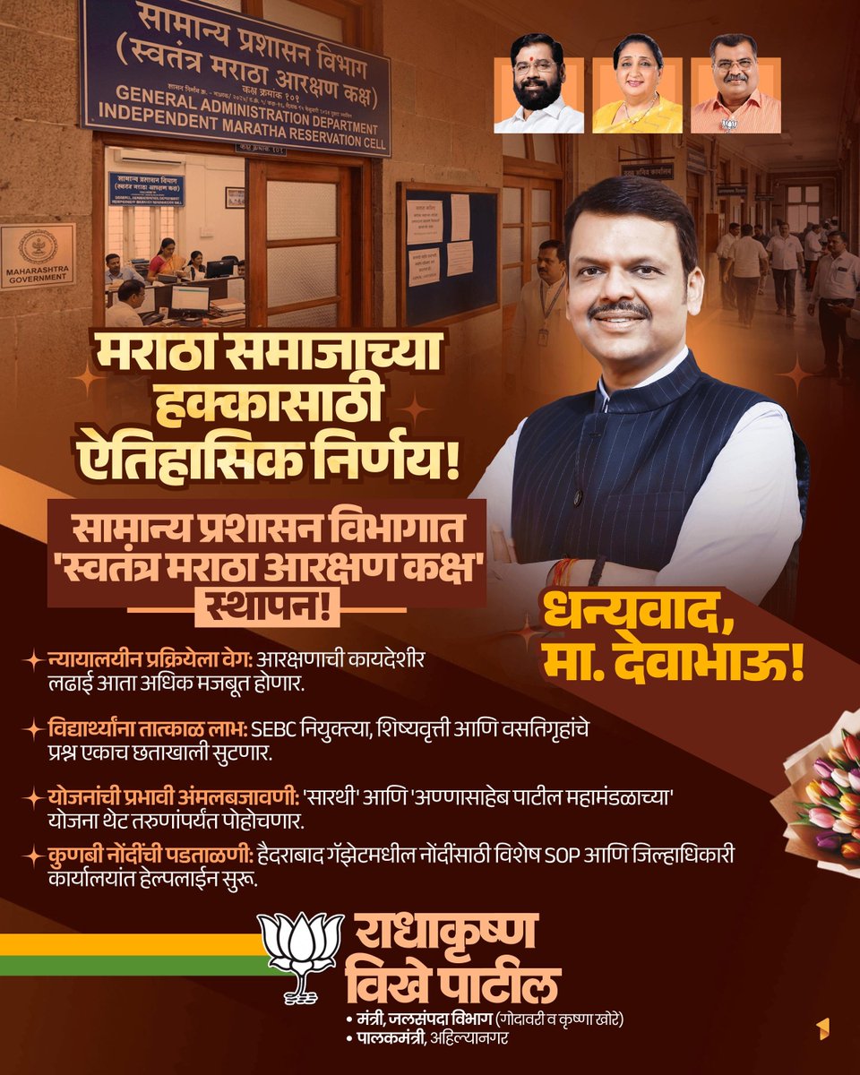 RVikhePatil's tweet photo. धन्यवाद, मा. देवाभाऊ!
मराठा समाजाच्या हक्कासाठी आणखी एक ऐतिहासिक निर्णय घेत सामान्य प्रशासन विभागात स्वतंत्र ‘मराठा आरक्षण कक्ष’ स्थापन करण्यात आला आहे.
#SEBC #Maratha
@Dev_Fadnavis
@CMOMaharashtra
@mieknathshinde
@SunetraA_Pawar
@RaviDadaChavan
@BJP4Maharashtra https://t.co/bPdwwrKszO