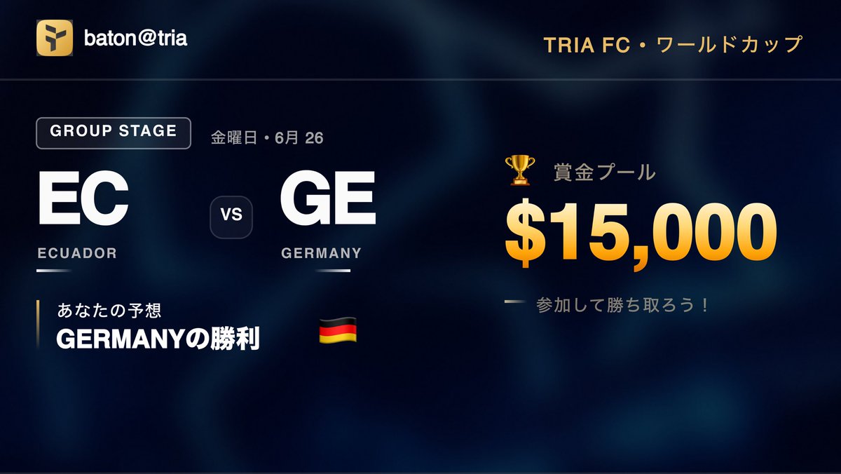 arakinbtc's tweet photo. 私のワールドカップカードが @useTria で公開中 🔥 🇩🇪 Germanyの勝利を予想（vs Ecuador）。

Triaで$15Kの賞金プールを狙っています。予想・スワイプ・トレード、すべてが得点に。あなたは私よりワールドカップを読める？ 👇 #TriaFC
https://t.co/NOztfYPVyO https://t.co/aMXM85OS7y