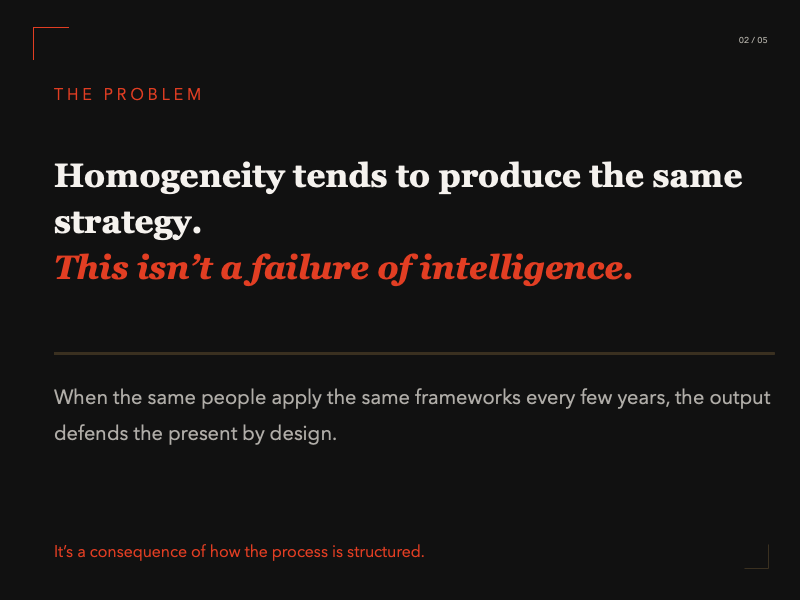 StrategosTeam's tweet photo. Strategy made behind closed doors rarely feels risky. 
But the same group, the same frameworks, tends to produce #strategy that defends the present.
Inclusive strategy ensures more voices are heard and your strategy becomes more future-focused. https://t.co/xStw3a7vqq https://t.co/QlakfwJReU