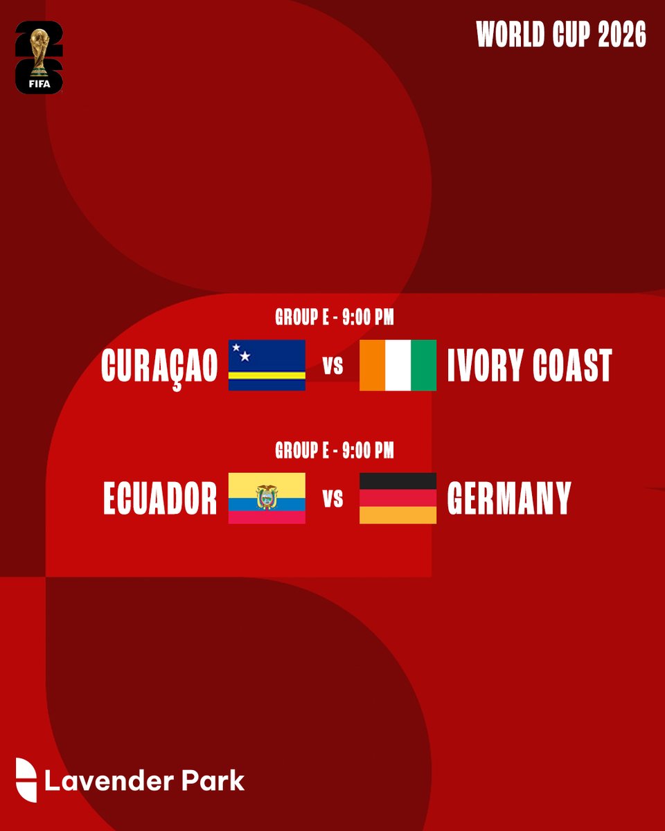 lavender_park's tweet photo. ⚽ WORLD CUP 2026 – GROUP E DECIDER
Everything is still to play for in Group E.
Curaçao vs Ivory Coast – 9:00pm
Ecuador vs Germany – 9:00pm
Germany will be looking to secure top spot, while Ecuador, Ivory Coast and Curaçao all have their eyes on a place in the knockout stages. https://t.co/Ydw456lbDT