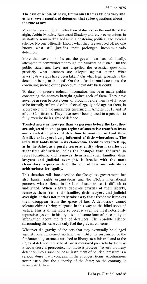 StellaKarangwa's tweet photo. English👇

#DRC: #Minaku-#SHADARY case | “When a State deprives citizens of their liberty, removes them from their families, their lawyers and judicial oversight, it does not merely take away their freedom: it makes them disappear from the space of the law. A democracy cannot tolerate citizens being relegated in this way to the blind spots of justice,” writes @LubayaClaudel.