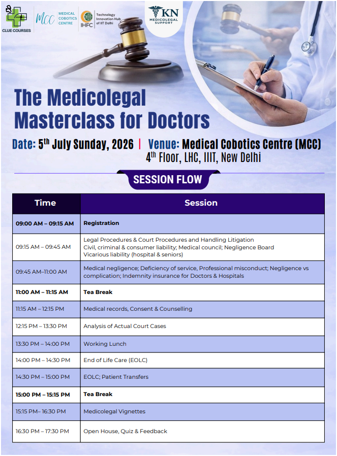 CLUE_Courses's tweet photo. Every doctor is one complaint away from a medicolegal case. Are you prepared?
📅5th July 2026 | New Delhi
🔬Interactive. Case-based. Practical.
The Medicolegal Masterclass for Doctors — built for clinicians, residents &amp; hospital admins.
Early bird ₹2500 | https://t.co/w8NAWxiyIa https://t.co/7hwiBlRoTx