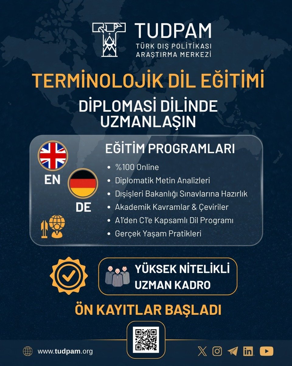 tudpam2023's tweet photo. 💼 Diplomasi Dilinde Uzmanlaşmanın Tam Zamanı!
TUDPAM bünyesinde gerçekleştireceğimiz Terminolojik Dil Eğitimi ile kariyerinizde yeni bir kapı aralayın. İngilizce ve Almanca dillerinde sunulan bu özel program, akademik ve diplomatik alanda ihtiyaç duyduğunuz tüm yetkinlikleri size kazandırmak için tasarlandı! 🌍✨
Programda Neler Var?
💻 %100 Online Eğitim
📜 Diplomatik Metin Analizleri
🏛️ Dışişleri Bakanlığı Sınavlarına Hazırlık
📚 Akademik Kavramlar & Çeviriler
📈 A1'den C1'e Kapsamlı Dil Programı
🗣️ Gerçek Yaşam Pratikleri
Geleceğinizi küresel standartlarda şekillendirmek ve yüksek nitelikli uzman kadromuzdan eğitim almak için kontenjanlar dolmadan yerinizi ayırtın.
🔗 Detaylı bilgi için 👇🏼
https://t.co/vDi9sALCUP
🔗 Başvuru ve ön kayıt için 👇🏼
https://t.co/TlHn7su98b