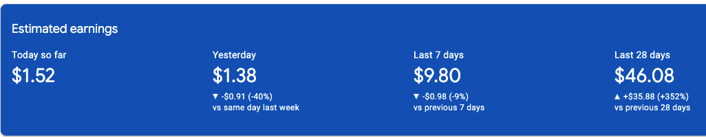 mrcloudxiao's tweet photo. From $0.01 per day to $1.5. 
Now the Google Adsense income can finally cover my monthly costs (not including Cursor Pro yet, yep, that's my next target). 
#独立开发者 #buildinpublic https://t.co/yCLgUZxJCZ