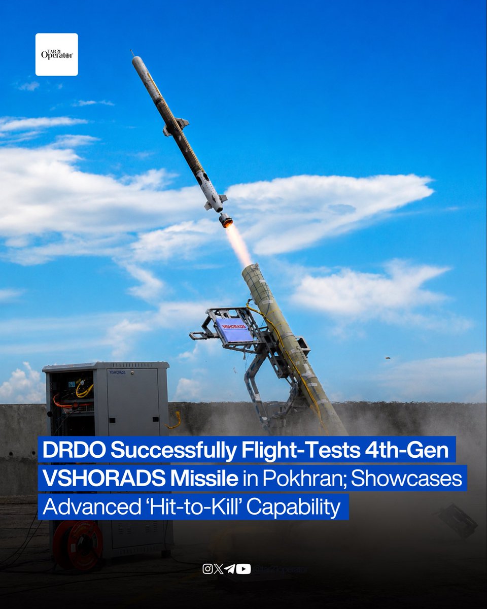 Tar21Operator's tweet photo. DRDO has successfully flight-tested the 4th-generation VSHORADS missile three times at Pokhran, validating its advanced ‘Hit-to-Kill’ capability against high-speed aerial targets. https://t.co/gThtHhjF63