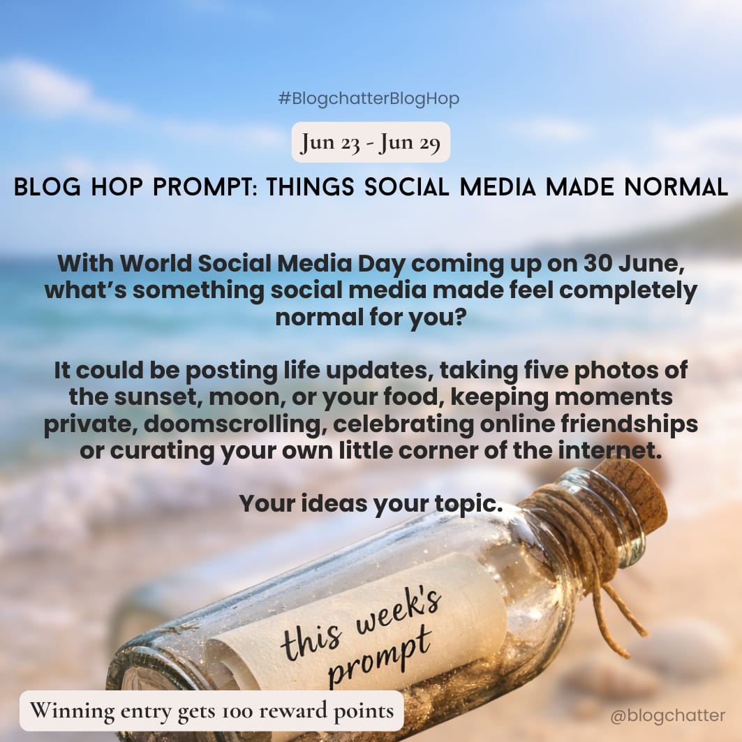 blogchatter's tweet photo. What’s one thing social media made feel completely normal for you?
Taking 5 photos of the sky? Doomscrolling? Online friendships?
This week’s #BlogchatterBlogHop prompt is: Things Social Media Made Normal
Write your take by Jun 29. Winning entry gets 100 reward points. https://t.co/SOVaADEQOB