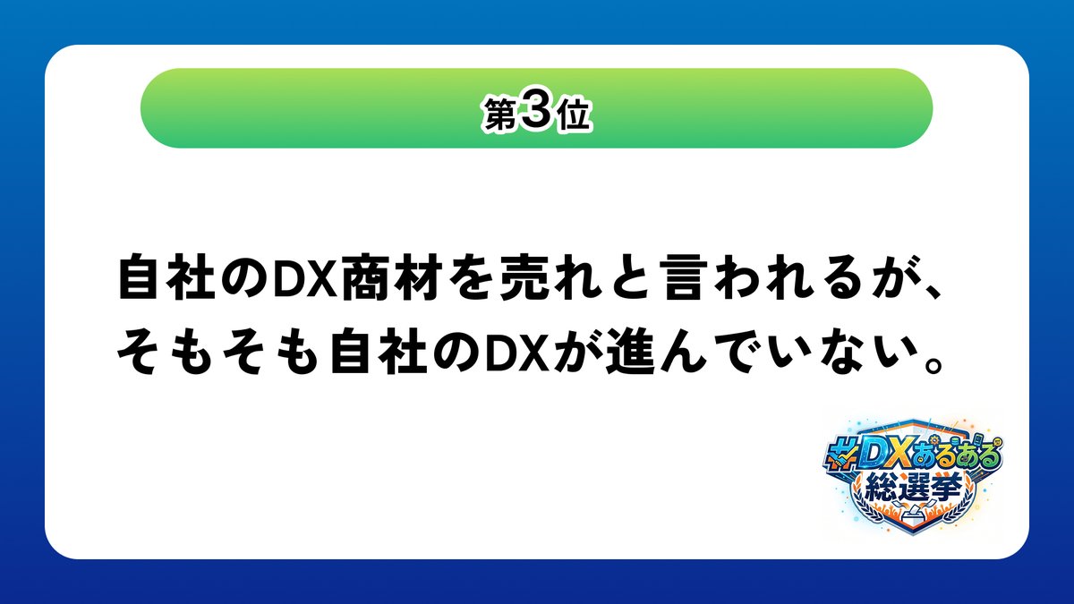 smartshoppingJP's tweet photo. 🏆 #DXあるある総選挙

【第3位】

「自社のDX商材を売れと言われるが、そもそも自社のDXが進んでいない。」

お客様には
「DXで業務を効率化しましょう！」
と提案する一方で、社内では紙・Excel・手作業が現役😨

DXの一番難しいところは、
実は自社で実践することなのかもしれません。

「あるある！」と思った方は、ぜひいいね❤️とリポストを🔁

明日は第2位を発表！

#DX #AI #DXあるある