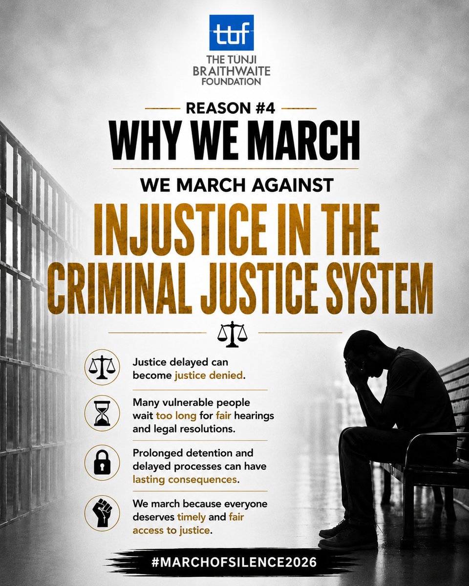 tbfng's tweet photo. WHY WE MARCH — Reason #4

Justice delayed can become justice denied.

We march because vulnerable people deserve timely and fair access to justice.

🔗 Register:
https://t.co/DEQk4CY2xv

#MarchOfSilence2026 #WhyWeMarch #JusticeForAll https://t.co/KuGStGufs8